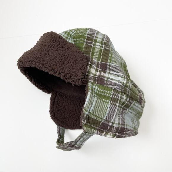 Gymboree Plaid Trapper Hat Green Brown Fleece Lined Winter 3-6 Months Baby - Picture 3 of 6